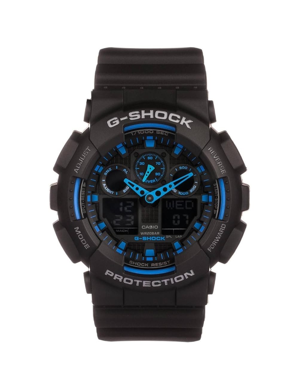 Reloj Caucho Negro con Agujas Azules y Numeros Azules