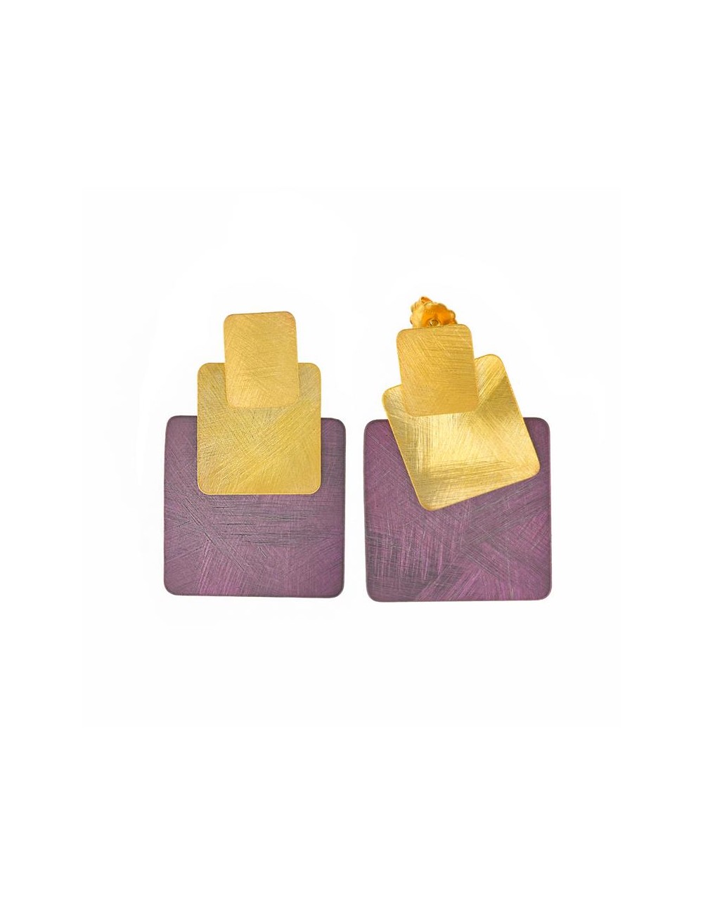 Pendientes Oro Cuadrado Dorado Rallado y Malva