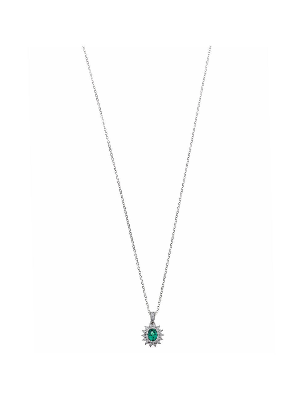 Collar Plata Rodio Circonita Verde Esmeralda Ovalado Alrededor Circonitas Blancas Brillantes