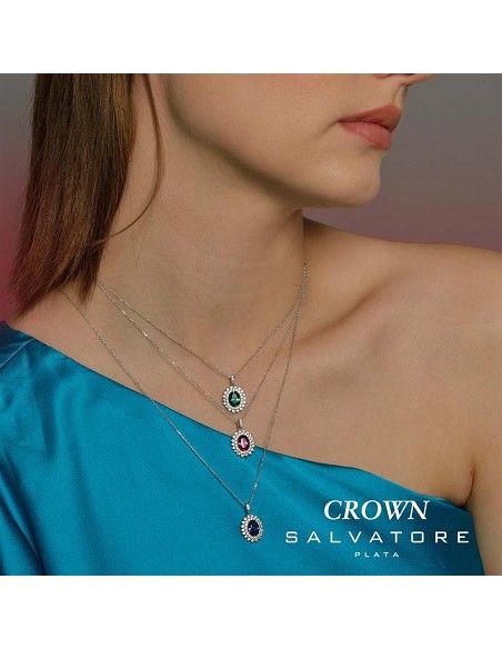 Collar Plata Rodio Ovalo Nano Verde Alrededor