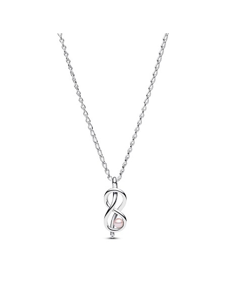Infinity Knot Sterling Silver Pendant Necklace With Pink Lacquered Artificial Pearl And Clear Cubic