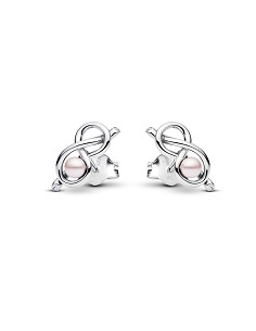 Infinity Knot Sterling Silver Stud Earrings With Pink Lacquered Artificial Pearl And Clear Cubic Zir