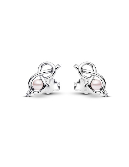 Infinity Knot Sterling Silver Stud Earrings With Pink Lacquered Artificial Pearl And Clear Cubic Zir