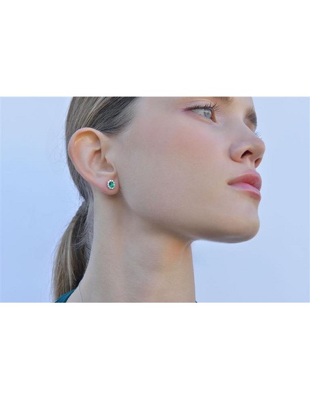 Pendientes Plata Rodio Circonita Esmeralda Ovalada Alreadedor Blancas Brillantes