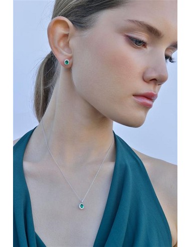 Pendientes Plata Rodio Circonita Esmeralda Ovalada Alreadedor Blancas Brillantes