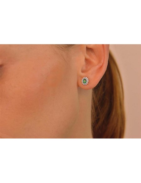 Pendientes Plata Rodio Circonita Esmeralda Ovalada Alreadedor Blancas Brillantes