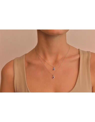 Collar Plata Rodio Circonita Zafiro Azul Ovalado Alrededor Circonitas Blancas Brillantes