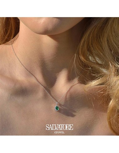 Collar Plata Rodio Circonita Verde Esmeralda Ovalado Alrededor Circonitas Blancas Brillantes