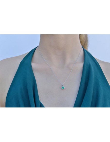 Collar Plata Rodio Circonita Verde Esmeralda Ovalado Alrededor Circonitas Blancas Brillantes