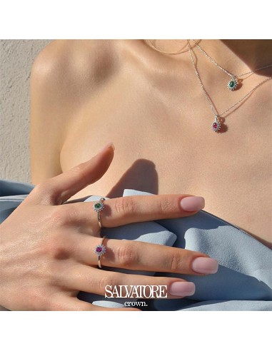 Collar Plata Rodio Circonita Verde Esmeralda Ovalado Alrededor Circonitas Blancas Brillantes