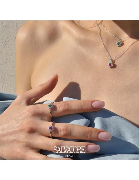 Collar Plata Rodio Circonita Verde Esmeralda Ovalado Alrededor Circonitas Blancas Brillantes