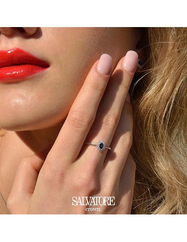 Sortija Plata Rodio Circonita Azul Zafiro Ovalada Alreadedor Blancas Brillantes