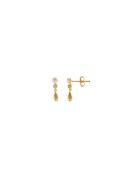 Pendientes Plata Chapado Dorado Pera Lisa Perla Agua Dulce Circonita Blanca