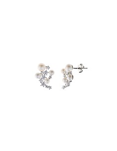 Pendientes Plata Rodio Circonitas Blancas Brillantes Perlas Boton Agua Dulce
