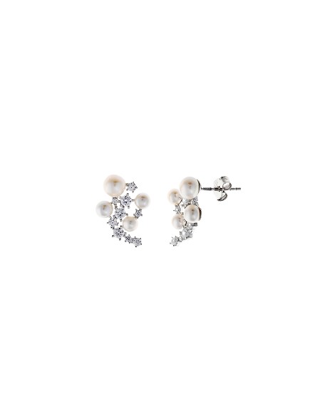 Pendientes Plata Rodio Circonitas Blancas Brillantes Perlas Boton Agua Dulce