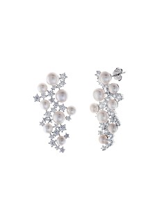 Pendientes Plata Rodio Circonitas Blancas Brillantes Perlas Boton Agua Dulce