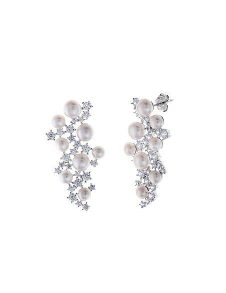 Pendientes Plata Rodio Circonitas Blancas Brillantes Perlas Boton Agua Dulce