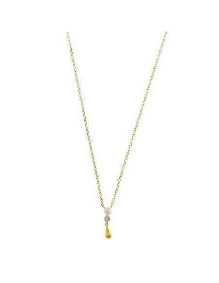 Collar Plata Chapado Dorado Pera Lisa Perla Agua Dulce Circonita Blanca