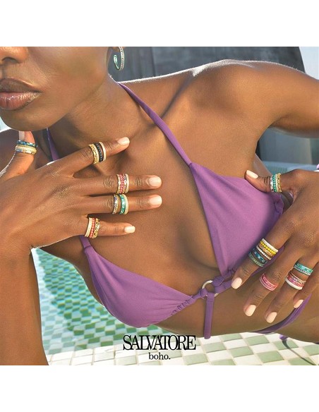 Sortija Plata Chapado Dorado y Verde Circonitas Blanca Nano Verde y Rubi Brillantes